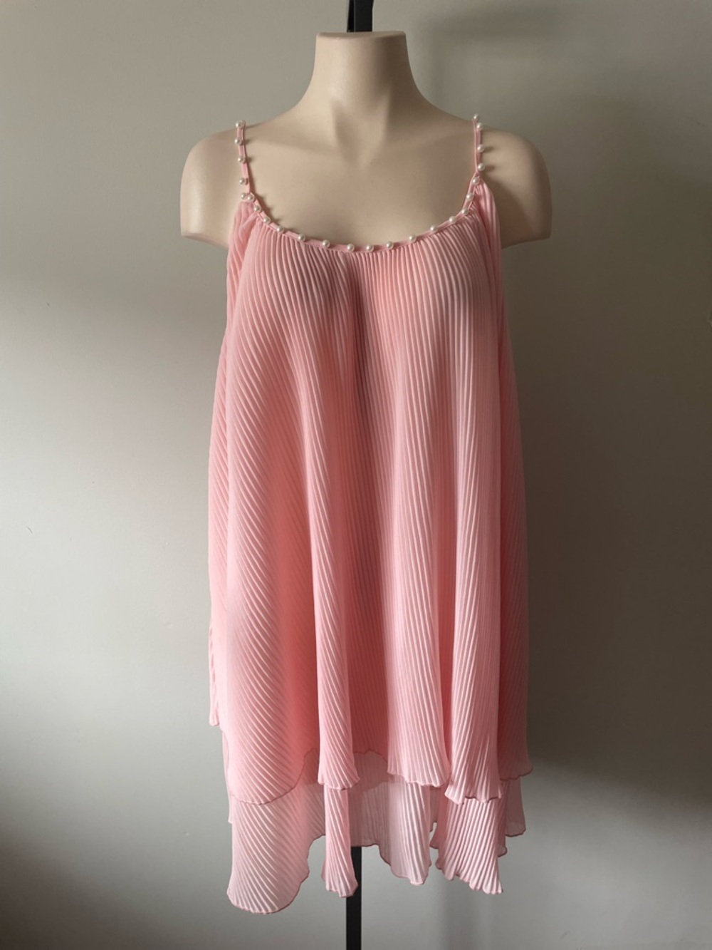 ChicMe Blush Pink Accordian Pleated Tiered Dress Pearl Strap Detail Size XL